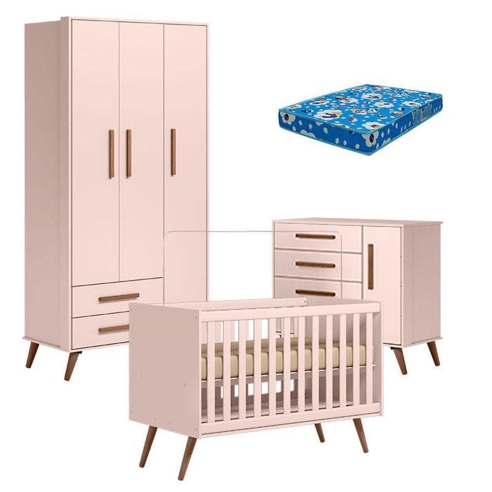 Quarto De Bebê Retrô Rosa Com Colchão Tend Tudo - Qmovi