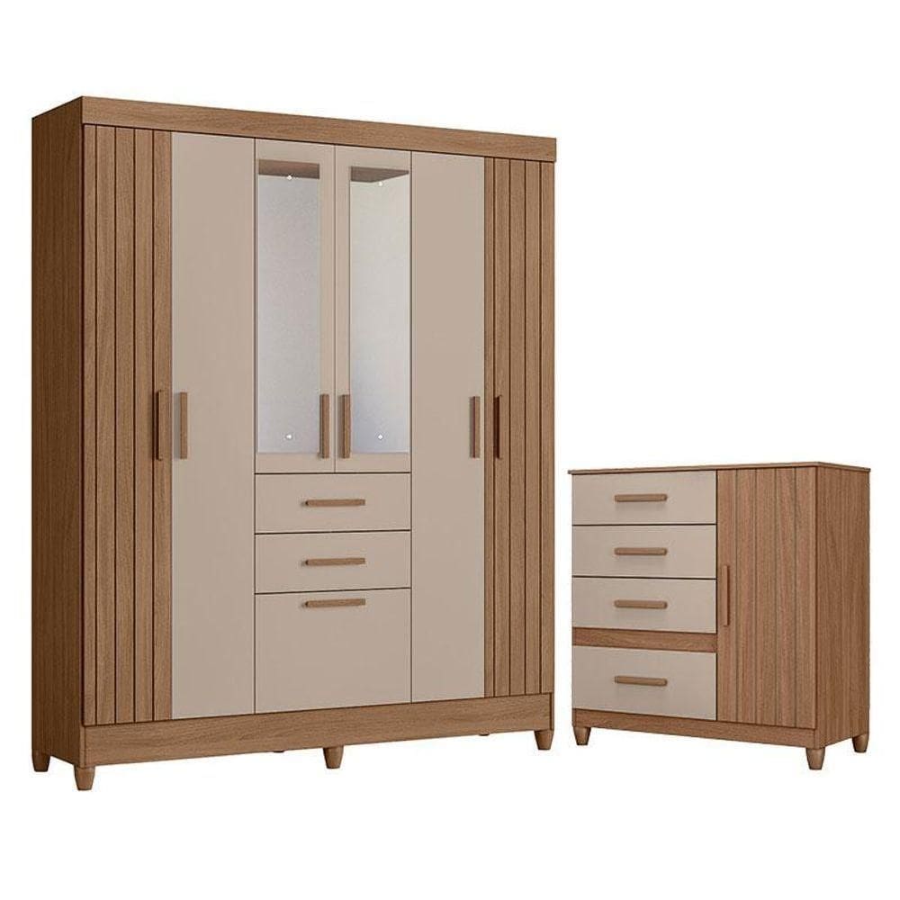 Guarda Roupa Solteiro Malta Com Espelho E Cômoda Vênus Com Pés Carvalho Fendi - Moval