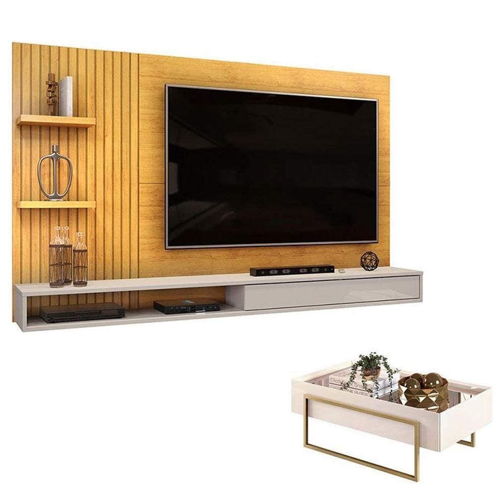 Painel Para Suspenso Bento Cedro Bali E Mesa De Centro Petri Bali - Dj Móveis