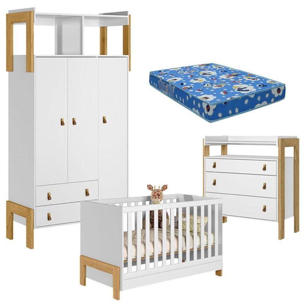 Quarto De Bebê Fantasia Branco Acetinado Com Colchão Ortobom - Qmovi