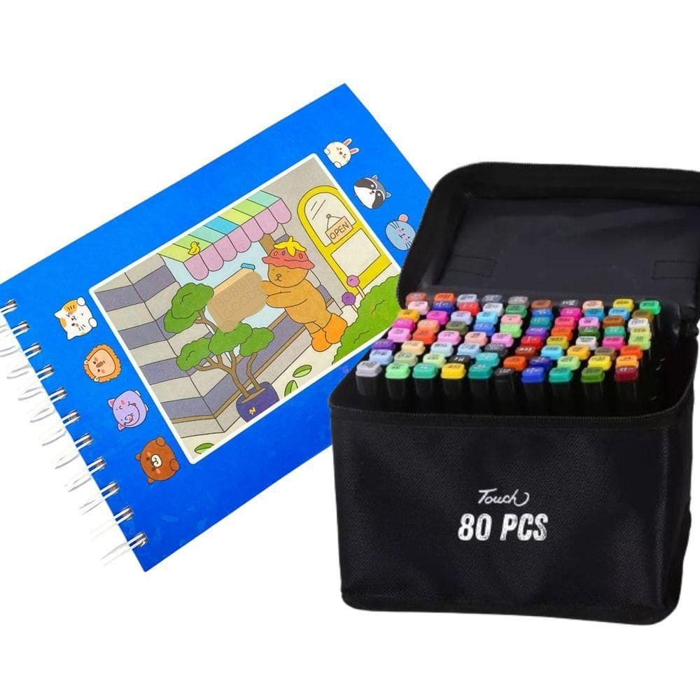 Canetinhas 80 Cores Livro De Pintar Ursinho Fofo Colorir 100 Paginas Estojo Canetas Desenho Divertido Hobbie Pintura