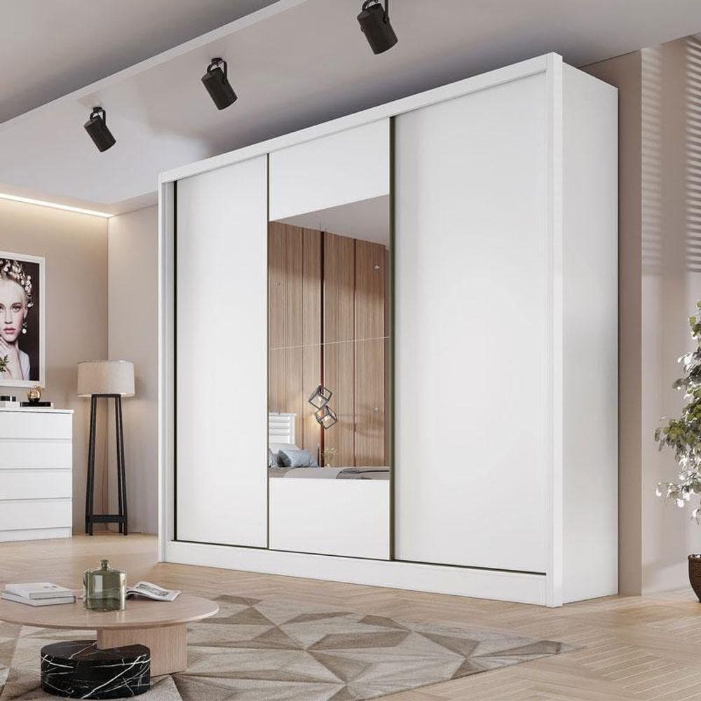 Guarda Roupa Casal Ambiente Medelim 3 Portas 6 Gavetas Neve Com Espelho - Novo Horizonte