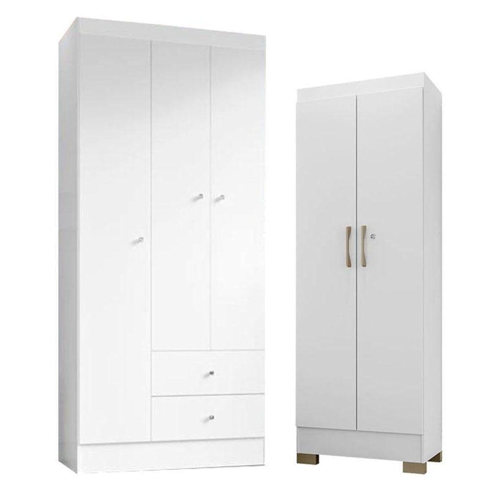 Guarda Roupa Solteiro Versa 3 Portas Branco Rosa Fosco Com Armário Multiuso Luna Branco Fosco - Kits Paraná
