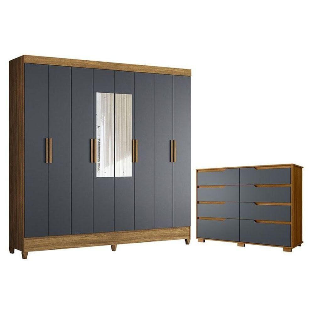 Guarda Roupa Casal Marajó Com Espelho E Cômoda Georgia Freijó Cinza - Moval