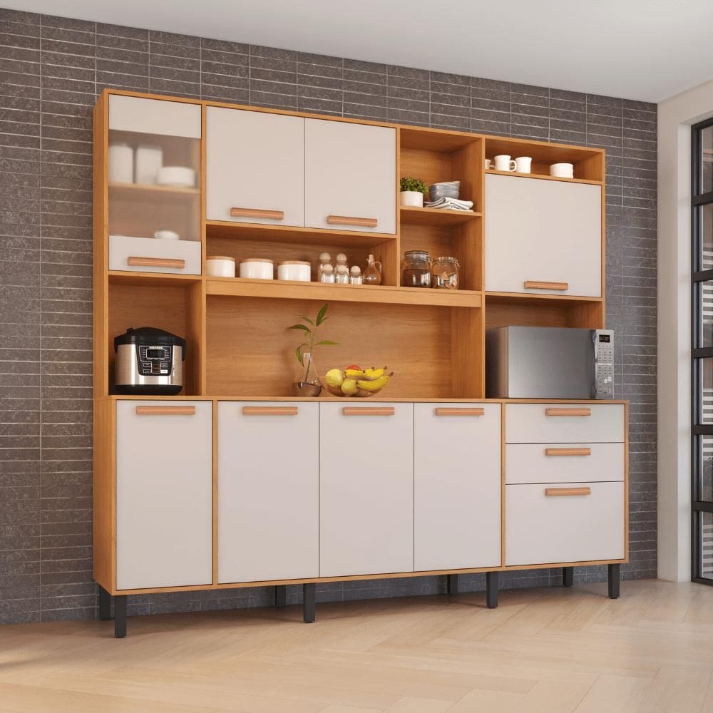 Kit Cozinha Compacta Itatiaia Nápoles 220cm em Madeira Cinamomo/Off White