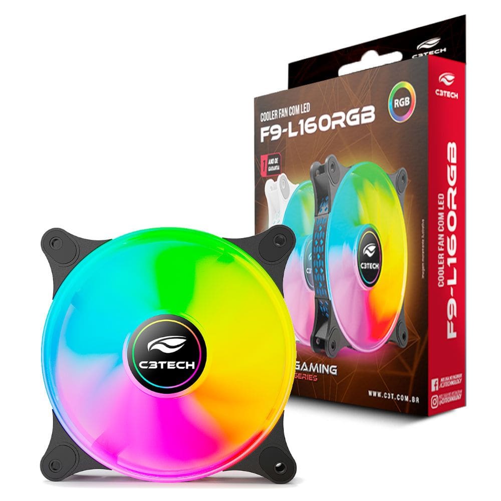 Cooler Fan F9-L160BKRGB C3Tech RGB 120mm 9 lâminas, 5V, Rolamento Hidráulico, Molex 4-pinos, 1.200RPM, 30dBA, Preto