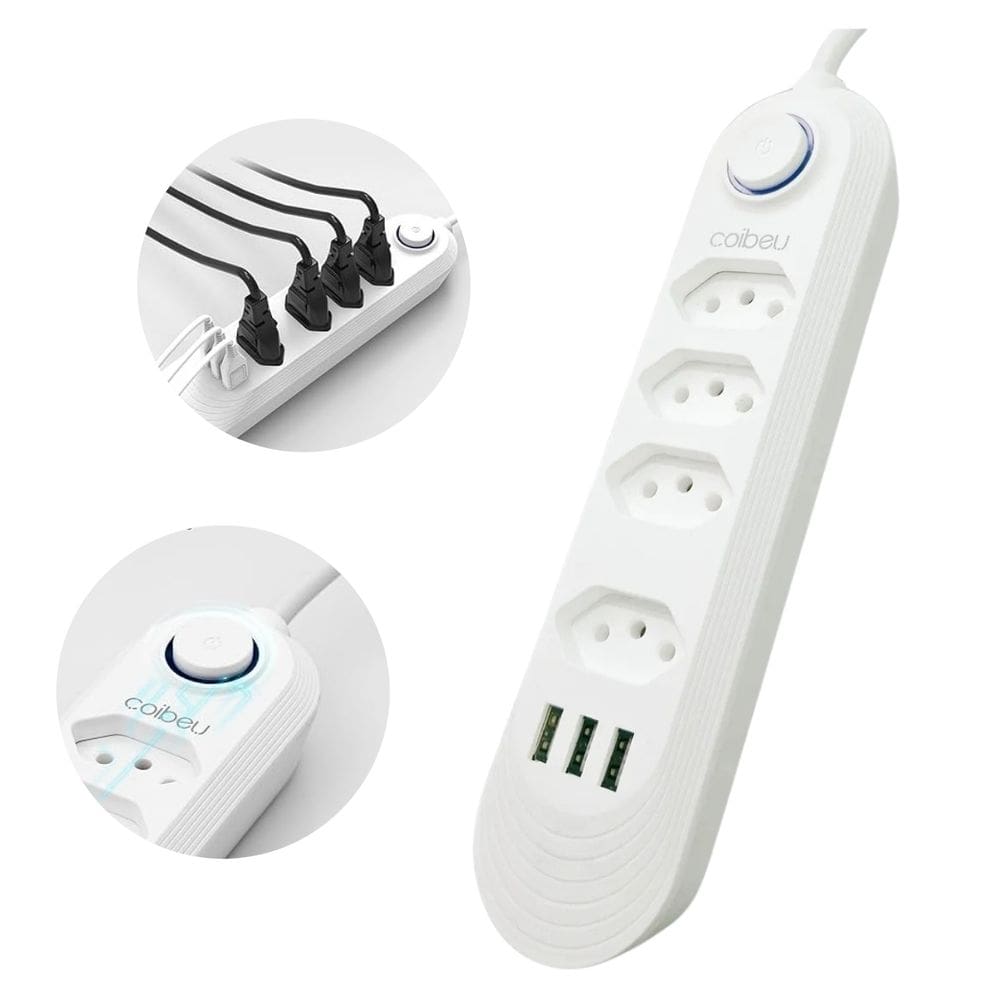 Filtro de Linha 110-220V Botão Interruptor 2500W 4 Tomadas de três Pinos 3 USB-A Multifuncional Fio 1,90m