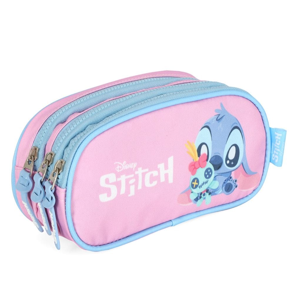 Estojo Triplo Disney Stitch Escolar Infantil Luxcel Rosa