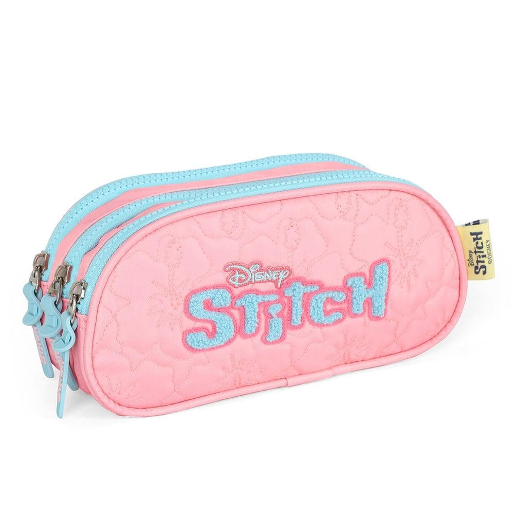 Estojo Triplo Escolar Disney Stitch Infantil Luxcel Rosa