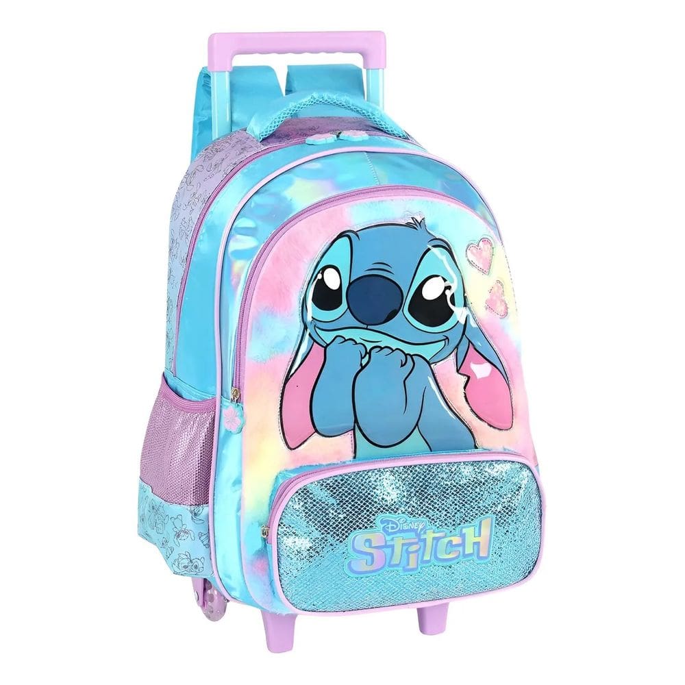 Mochila Escolar Juvenil Menina de Rodinha Lilo e Stitch Azul