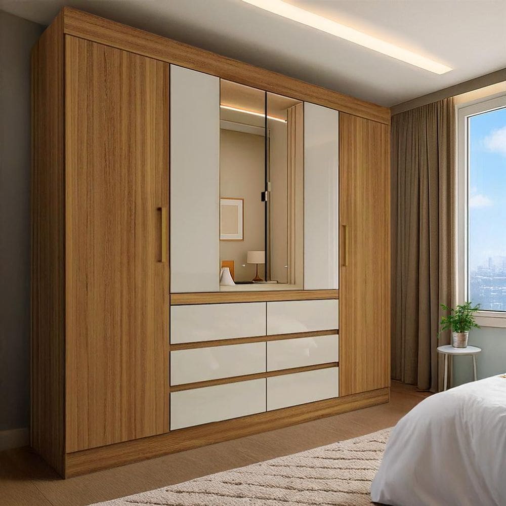 Guarda-Roupa Casal com Espelho Trevi 4 Portas 6 Gavetas Cinamon e Off White