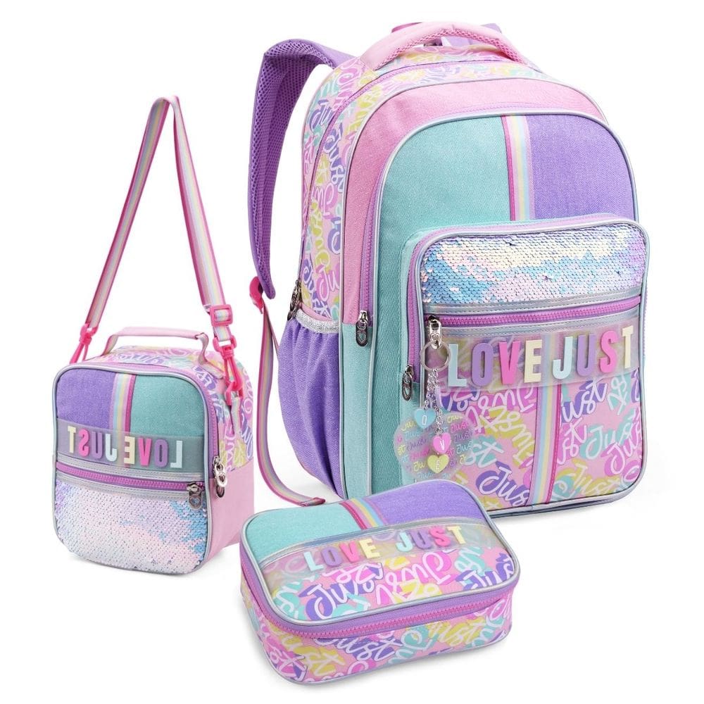 Kit Material Escolar Mochila Estojo Lancheira Glitter Menina Tendência Feminina Organização Ensino