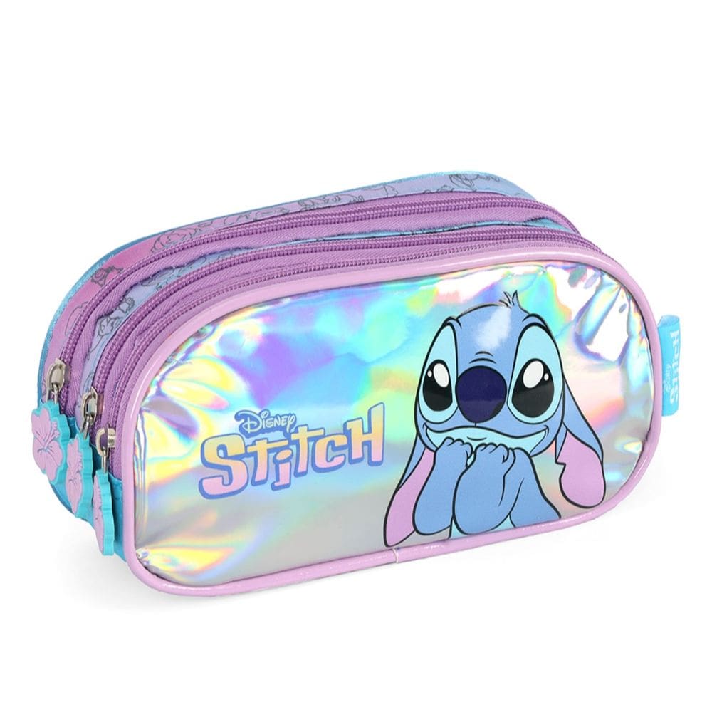 Estojo Triplo Escolar Stitch Holografico Azul Luxcel Up4you