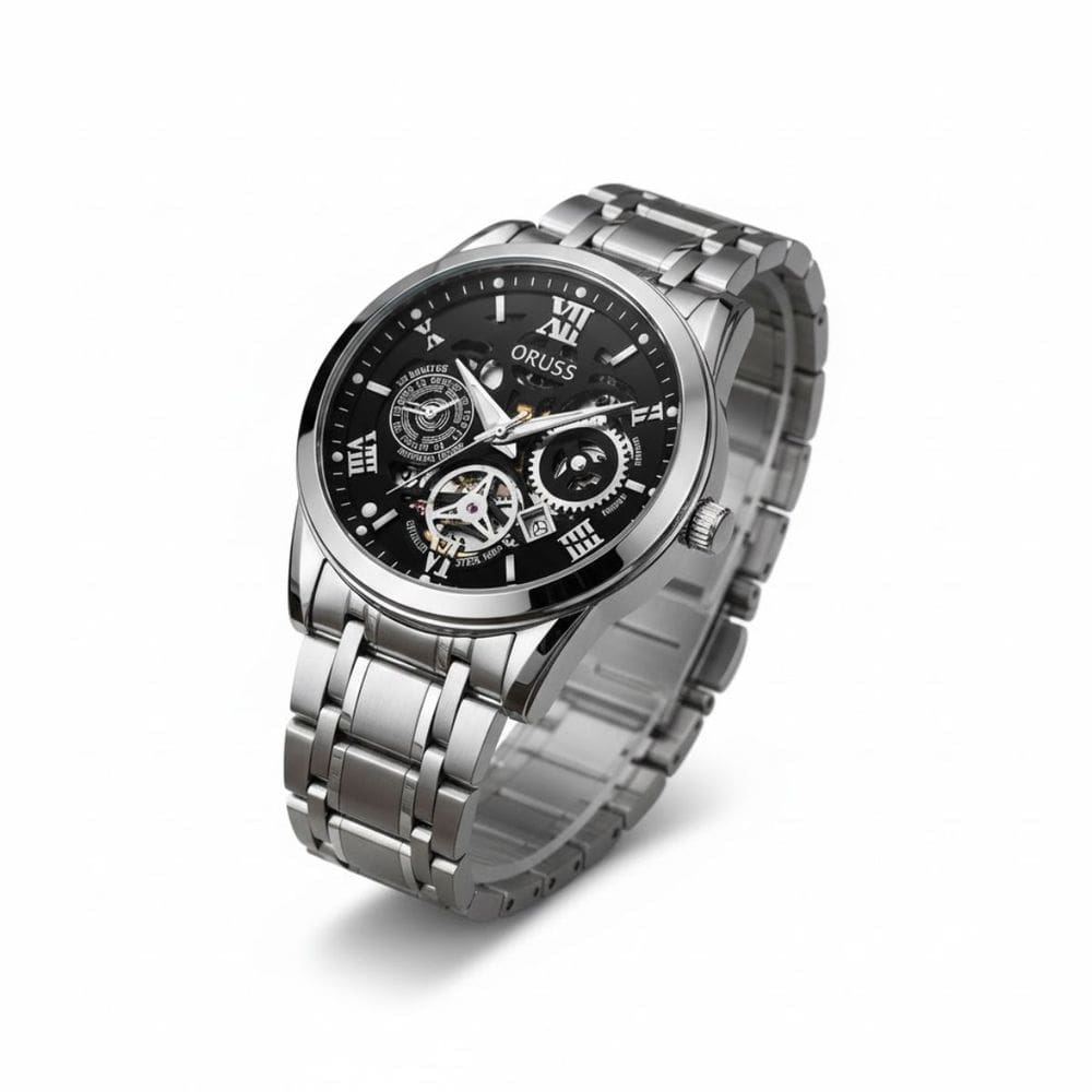 Relógio Masculino Aço Prata Luxo Preto Moda Moderno