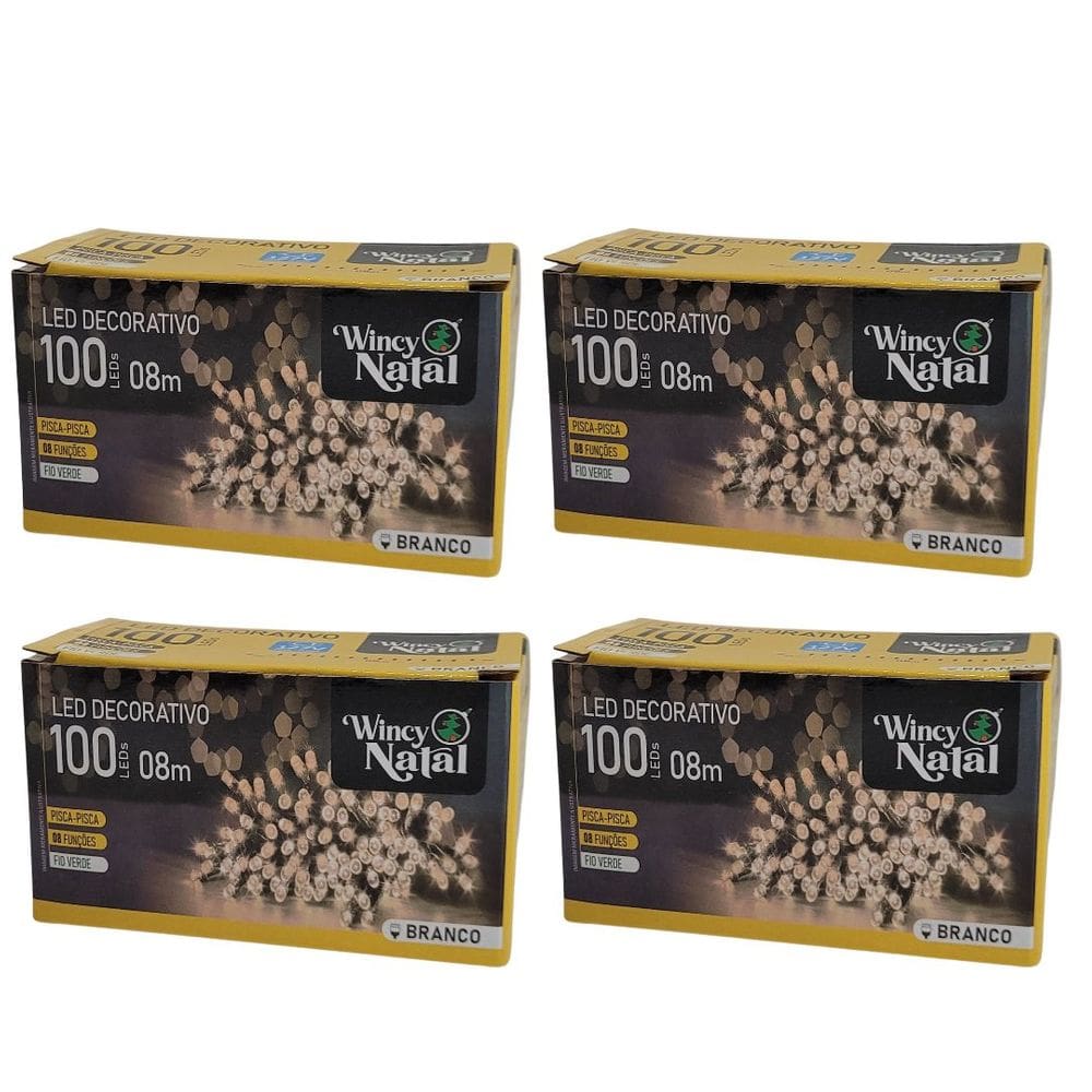 Jogo 4 Piscas LED Branco Frio Sequencial 100 Lâmpadas 8 Funções Fio Verde 8 Metros 127V