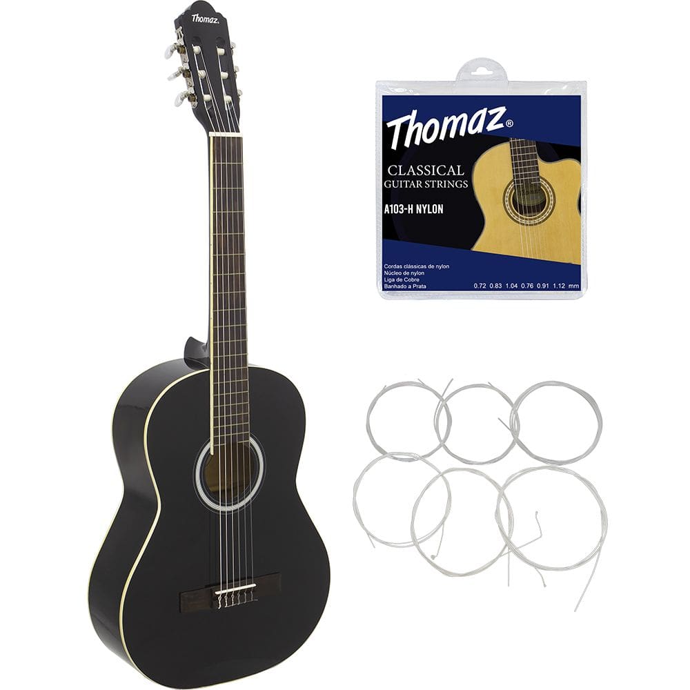 Kit Violão Acústico TCG 390 Preto Thomaz + Encordoamento Nylon 103H