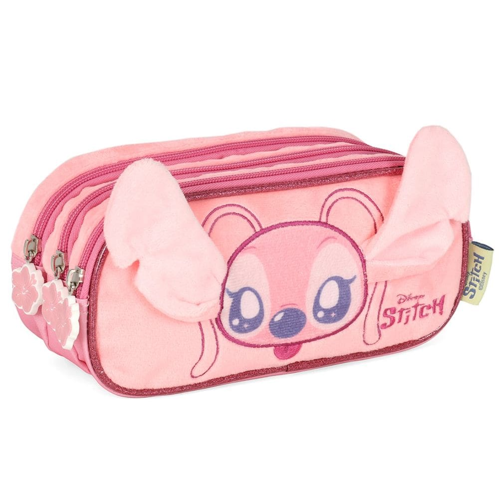Estojo Escolar Stitch Triplo Disney Pelucia 3D Rosa Luxcel
