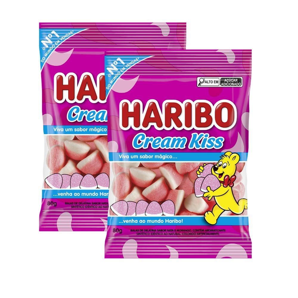 Kit 2 Balas de Gelatina Haribo Cream Kiss Sabor Nata e Morango 80g