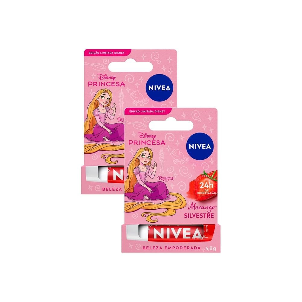 Kit 2 Hidratante Labial Nívea Morango Silvestre Ed. Limitada Rapunzel Disney Princesa 4,8g