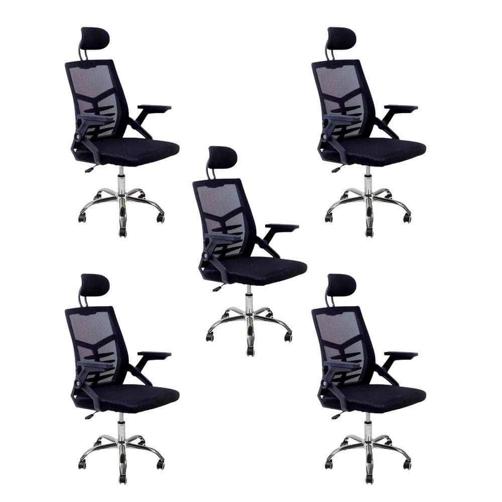 Kit 5 Cadeiras Escritório Executiva Diretor Relax Ergonômica Com Apoio De Cabeça