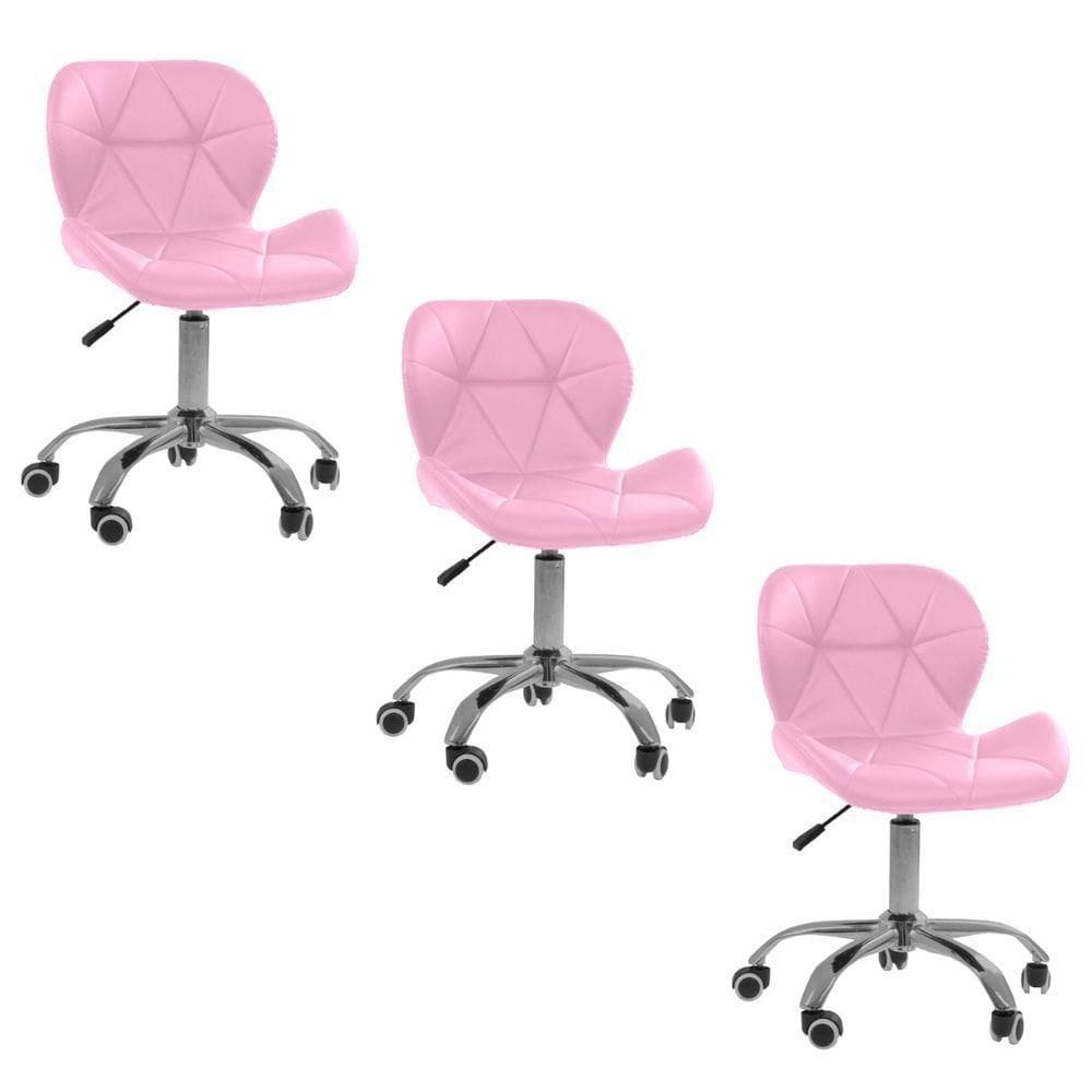 Kit 3 Cadeiras Office Eiffel Slim Com Base Giratória E Ajustável Rosa