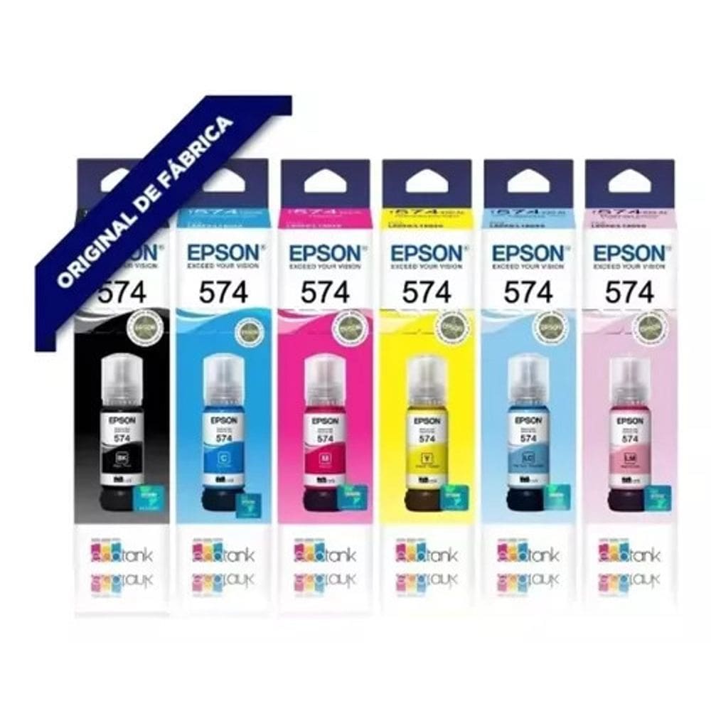Pack 6 Tintas Epson 574 – 70ml Preto, Ciano, Magenta, Amarelo, Cinza e Foto Preto | Compatível com EcoTank L8050 L18050 L805