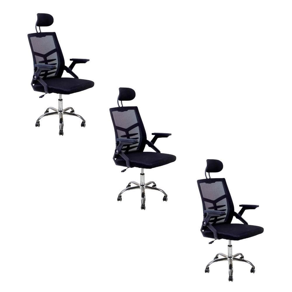 Kit 3 Cadeiras Escritório Executiva Diretor Relax Ergonômica Com Apoio De Cabeça