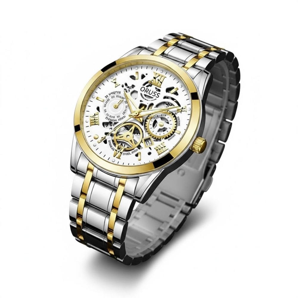 Relógio Masculino Aço Prata e Ouro Luxo Moda Moderno