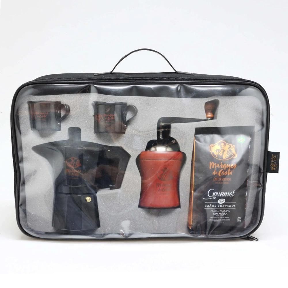 Kit Café Gourmet 500g + Moinho Madeira + Cafeteira + Bolsa