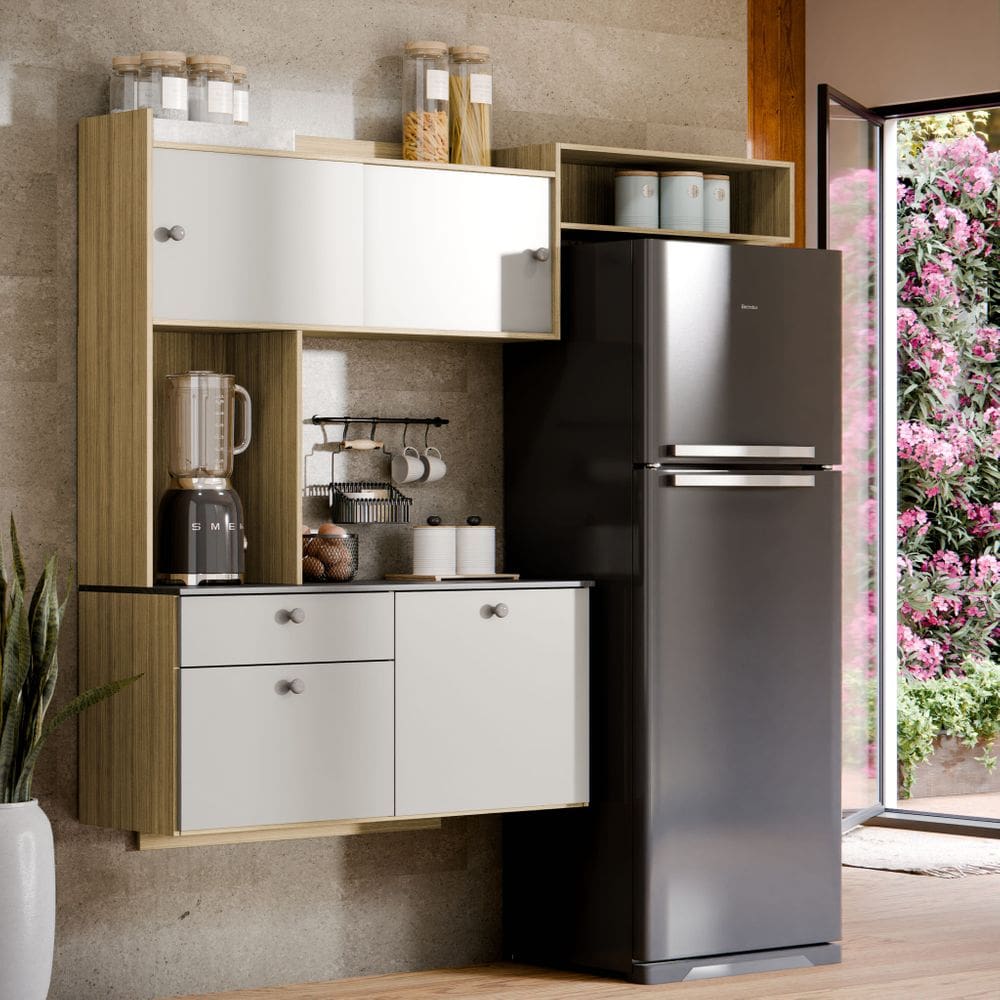 Cozinha Suspensa com Nicho e Gaveta para Micro-ondas, Aéreo 151 cm, Moderna em MDP, Porta Basculante – Ideal para Cozinhas Pequenas