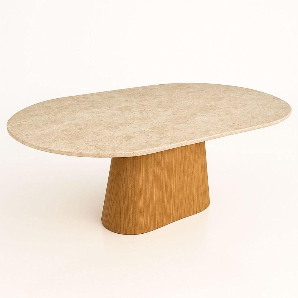 Mesa De Jantar Oblongo 198x122 Cm Freijó Tampo Mármore Travertino