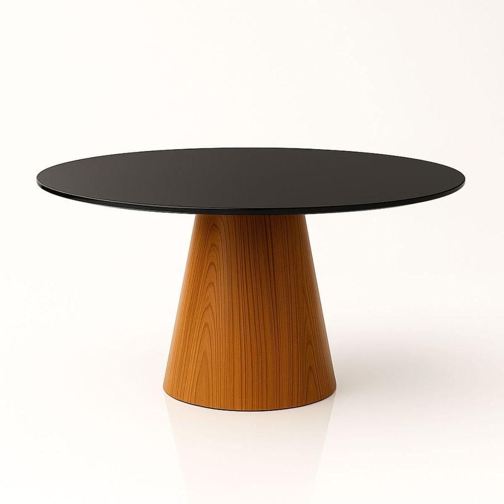 Mesa De Jantar Cone Redonda 110 Cm Base Madeira Freijó Tampo Laca Cor Branco