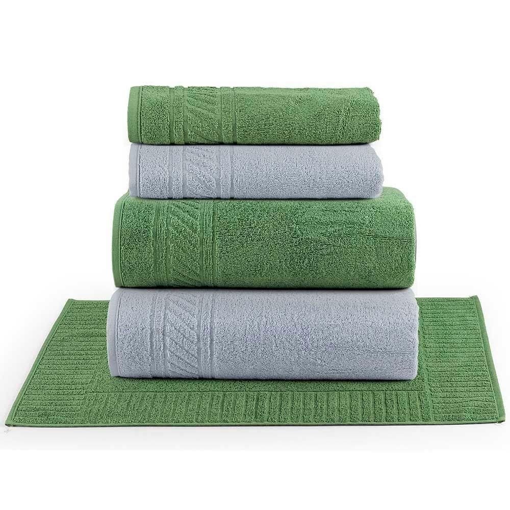 Jogo De Banho Toalhas Yara 100% Algodão Fio Penteado Macio 05 Peças Listras - Floresta Verde Cinza