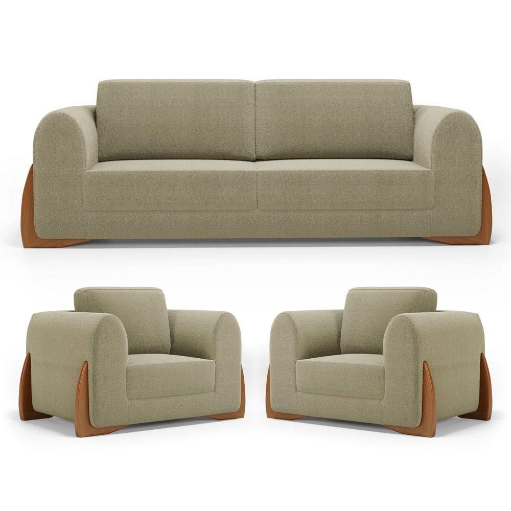 Kit 02 Poltronas E 01 Sofá Bloom 220cm 03 Lugares Com Pés De Madeira Bouclê Bege - Abmaza