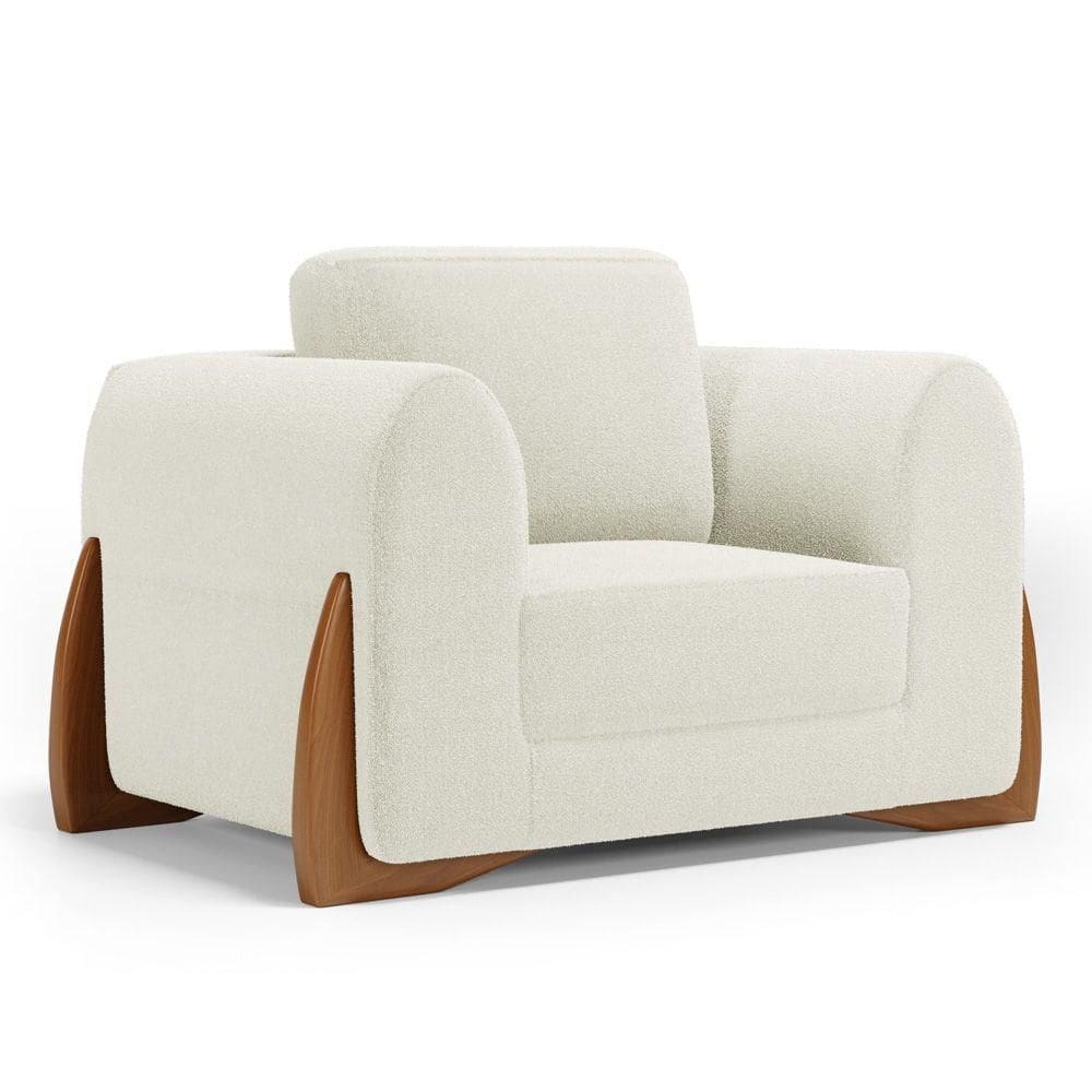 Poltrona Decorativa Living Bloom Com Pés De Madeira Bouclê Off White - Abmaza