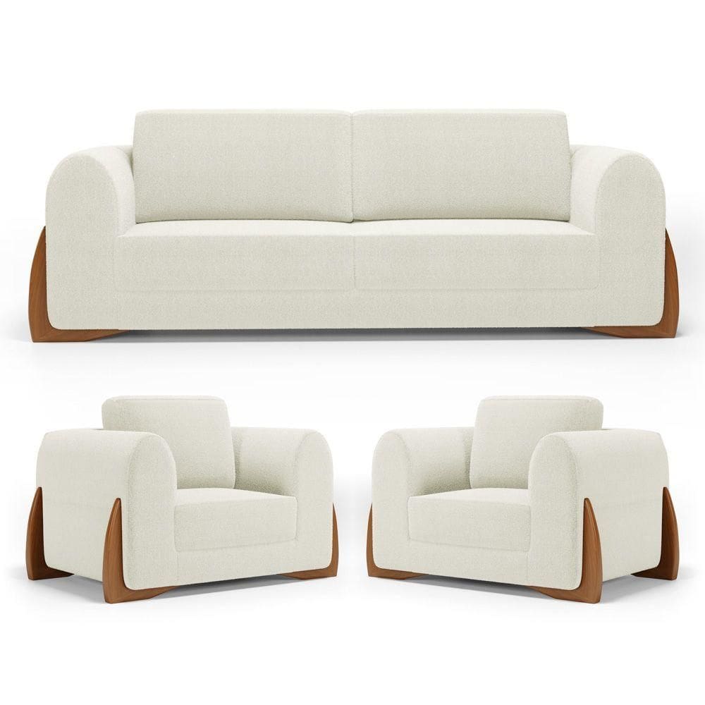 Kit 02 Poltronas E 01 Sofá Bloom 200cm 03 Lugares Com Pés De Madeira Bouclê Off White - Abmaza