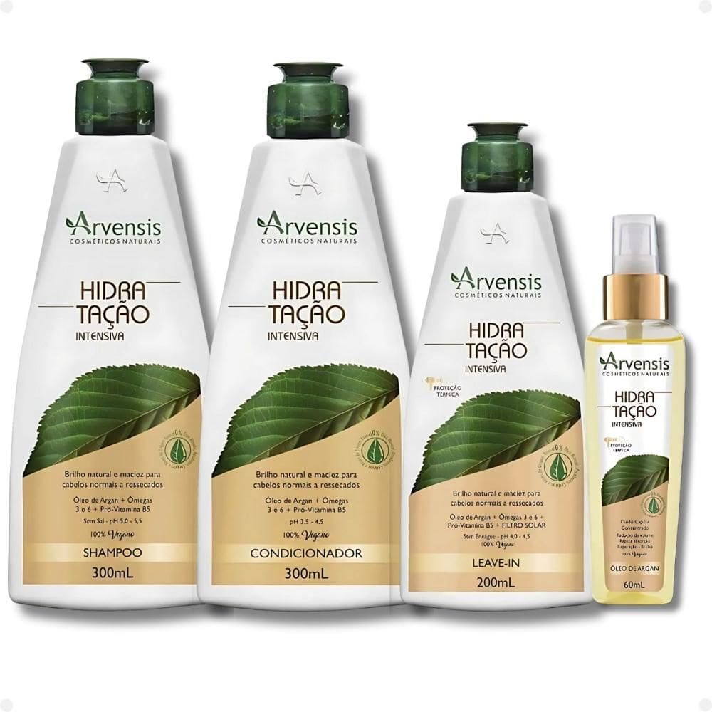 Kit Arvensis Hidratação Intensiva: Shampoo 300ml, Condicionador 300ml, Leave-in 200ml e Óleo de Argan 60ml