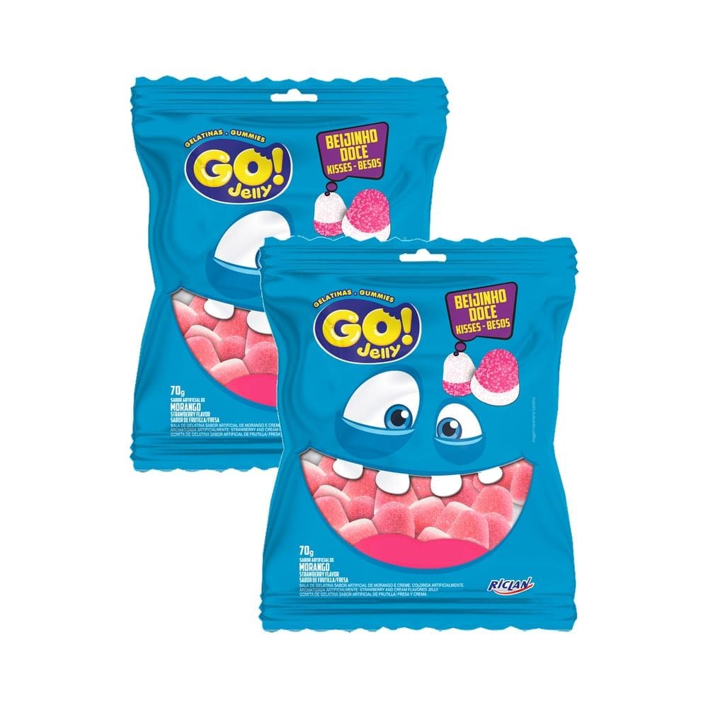 Kit 2 Bala Gelatina Go Jelly Beijinho Doce Sabor Morango 70g