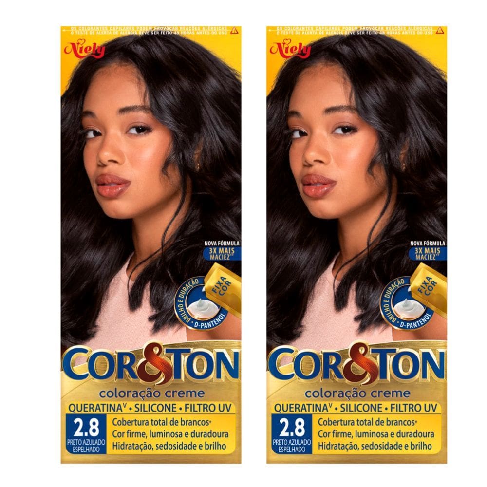 Kit 2 Coloração Creme Cor&Ton Niely Cor Preto Azulado Espelhado 2.8