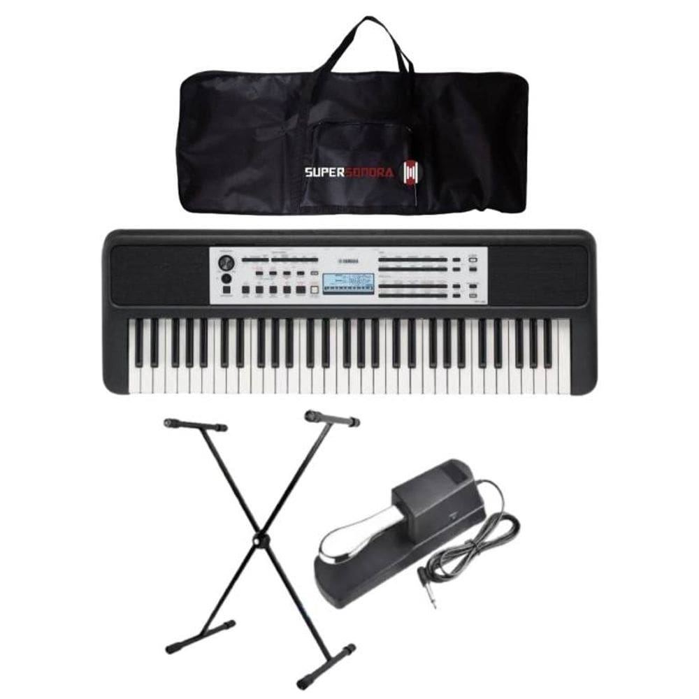 Kit Teclado Yamaha YPT-380 Portátil Preto + Capa + Suporte + Pedal Sustein