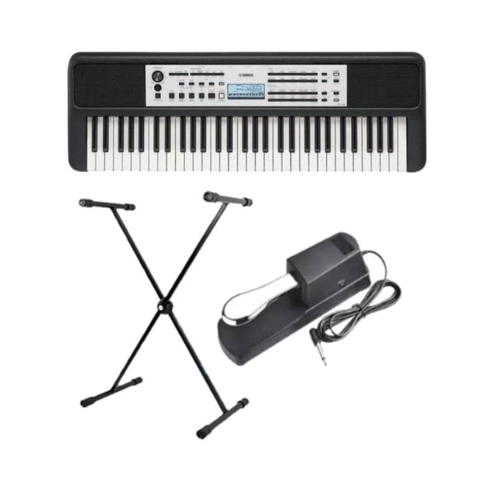 Kit Teclado Yamaha YPT-380 Portátil Preto + Suporte em X + Pedal Sustein