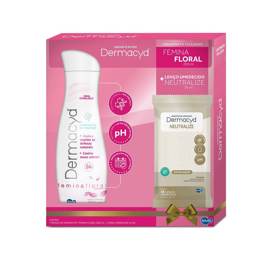 Sabonete Liquido Dermacyd Femina Floral 200ml + Lenço Umedecido Dermacyd Neutralize Extra Macio Com 16 Unidades
