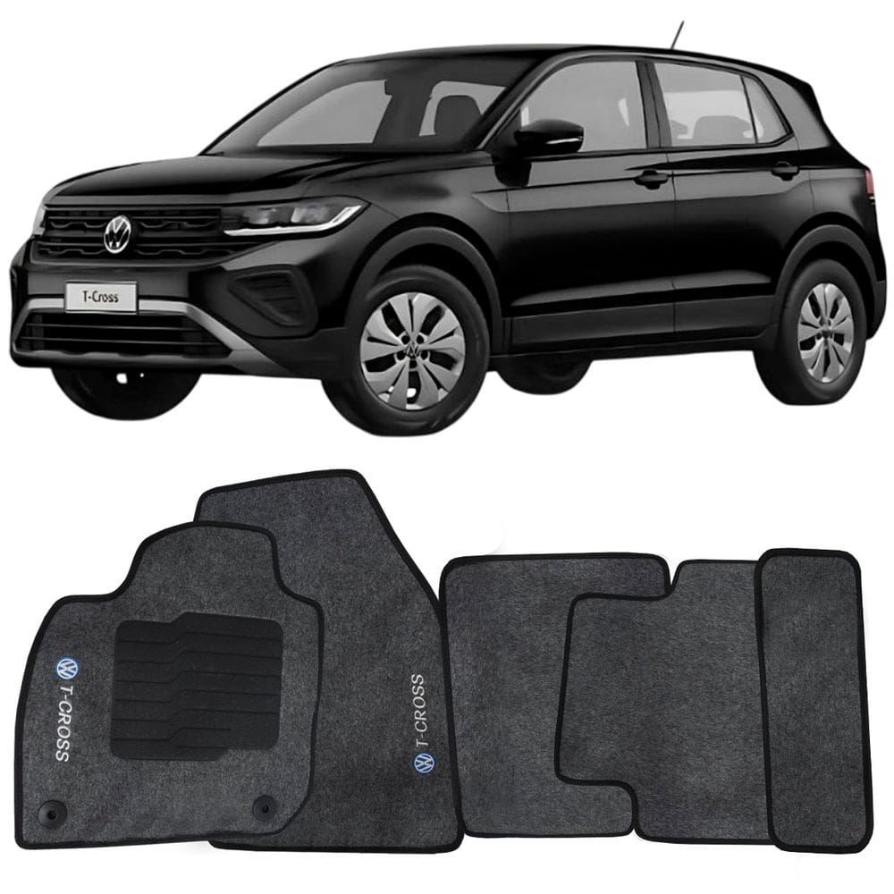 Tapete Carpete T-Cross 2019 à 2025 Grafite Logo Bordado Jogo 5 Peças Personalizado Automotivo