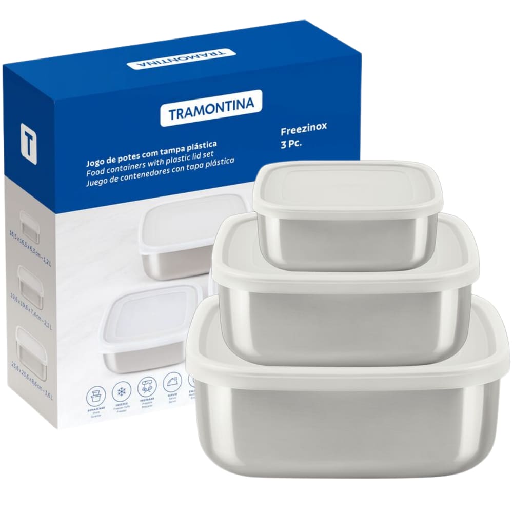 Jogo De Potes Aço Inox Quadrado Tampa 3 Peças Tramontina Freezinox Cozinha