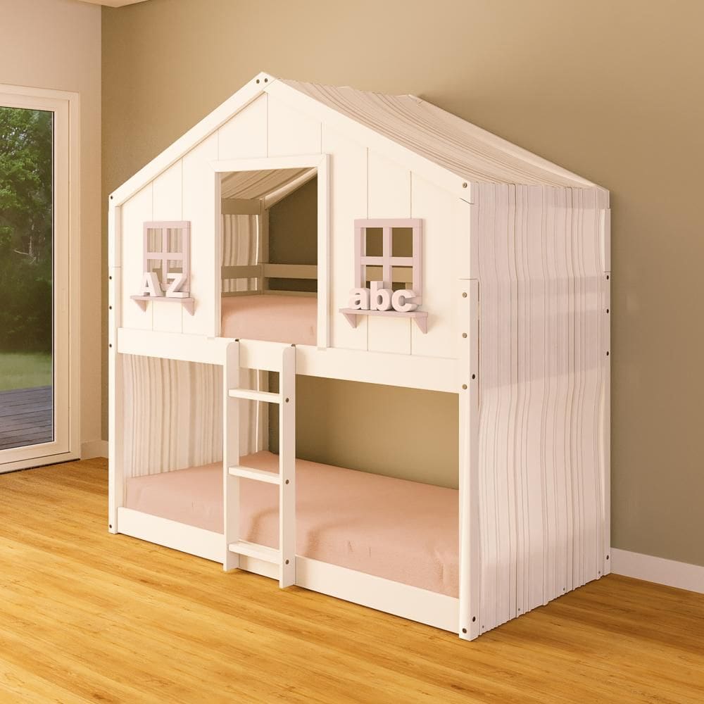 Beliche Montessoriano Casinha dos Sonhos com Cortina Madeira Maciça Branco/Rosa Housin