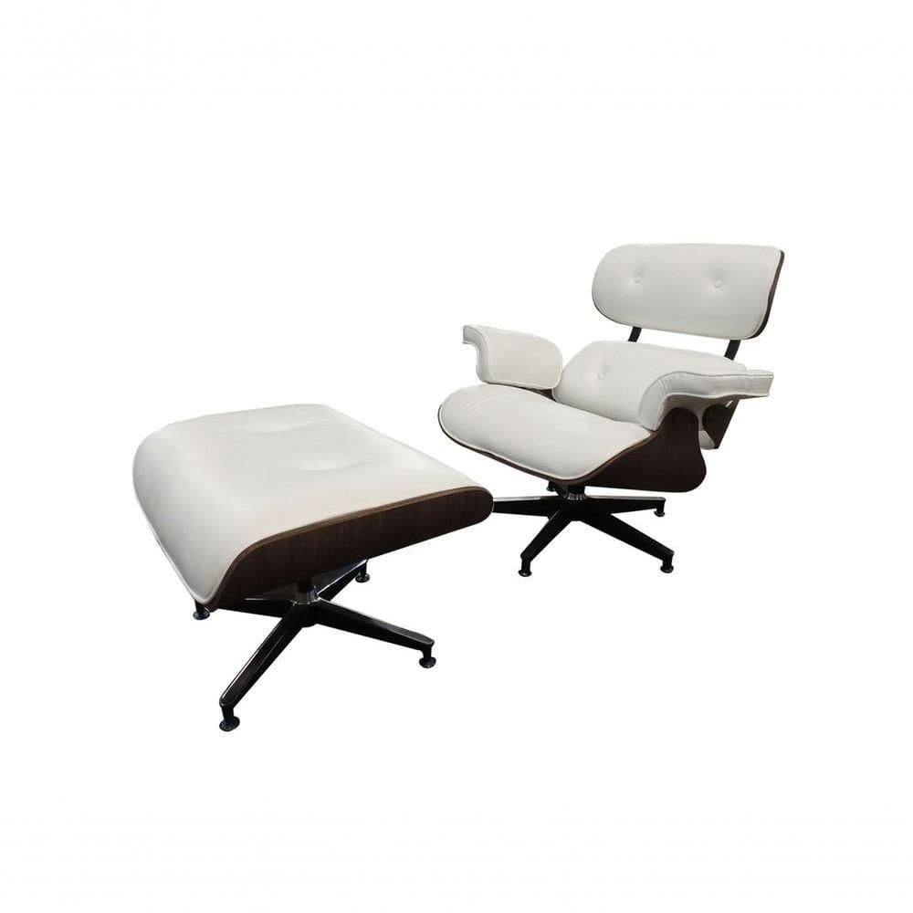 Poltrona De Couro Com Puff Charles Eames Branco