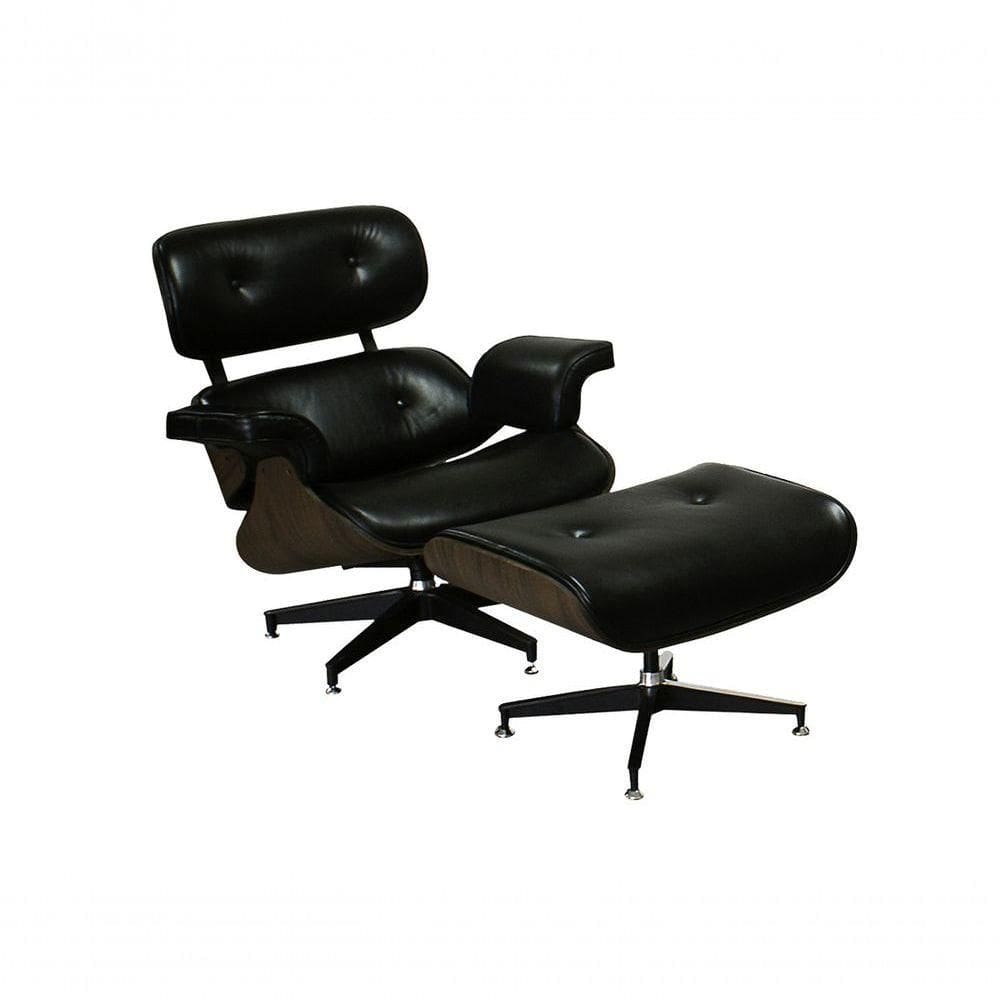 Poltrona De Couro Com Puff Charles Eames Preto