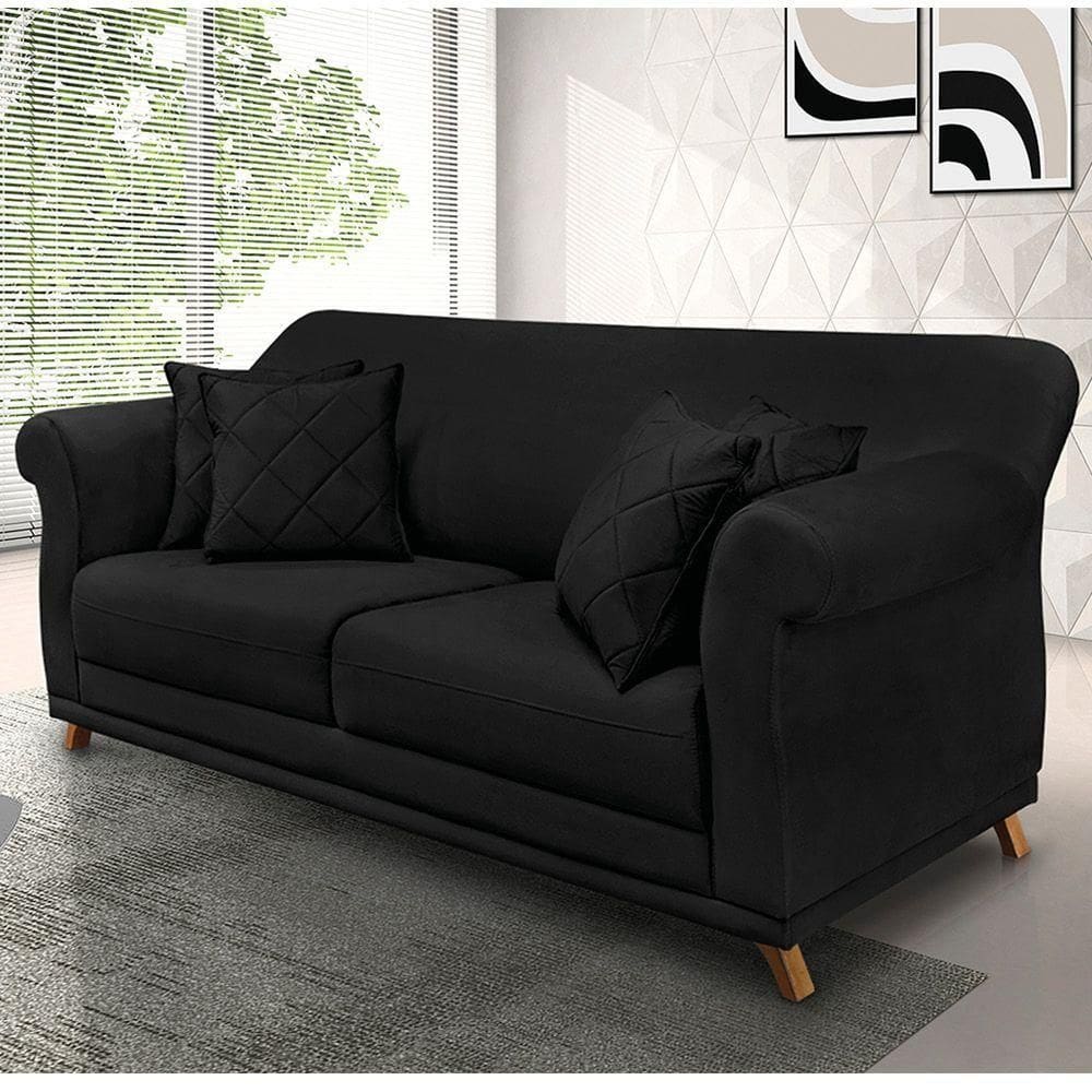 Sofá 2 Lugares Pé De Madeira Julieta 160 Cm Suede S04 - D`rossi Cor Preto