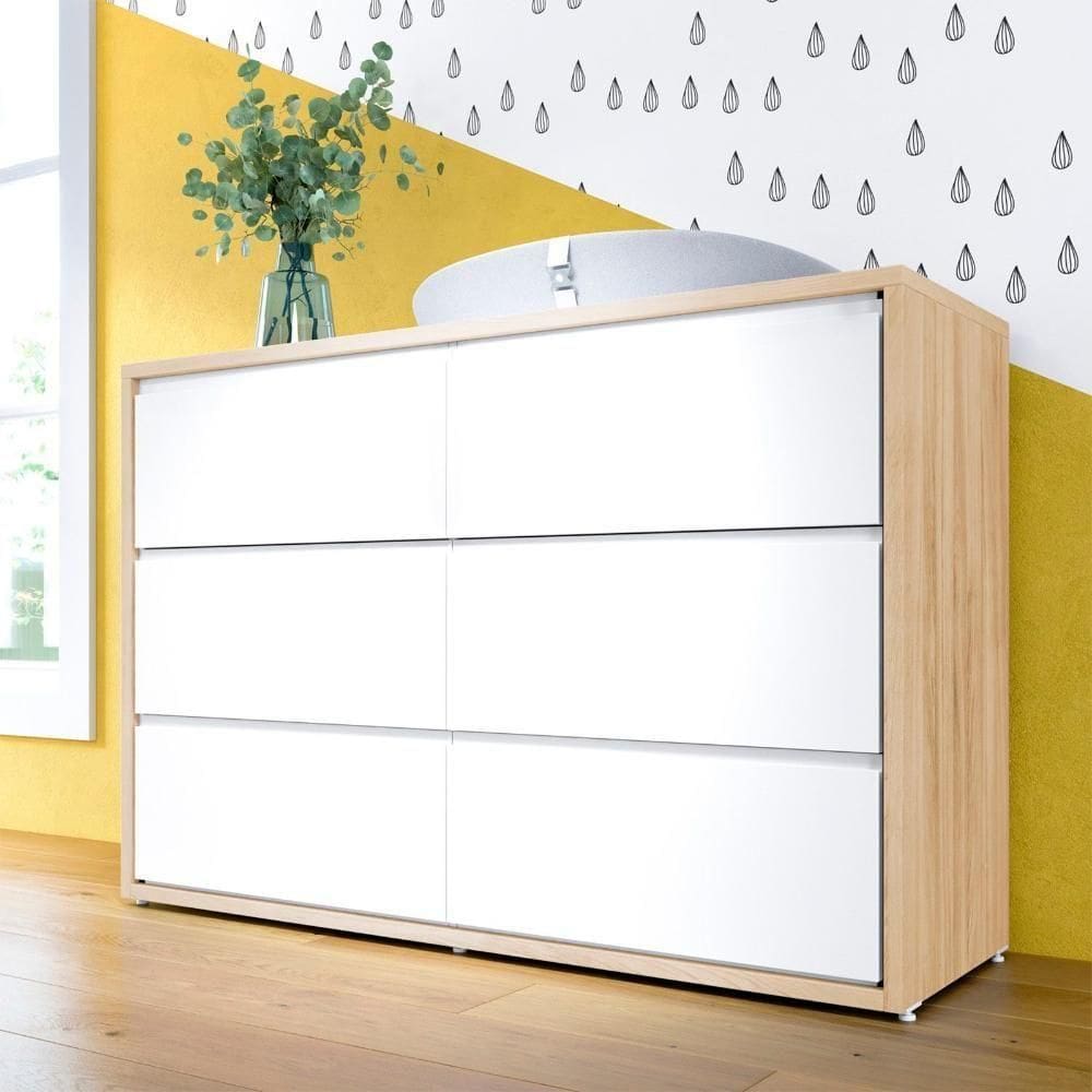 Cômoda Infantil 6 Gavetas Coleção Wood Divicar Branco Carvalho Treviso