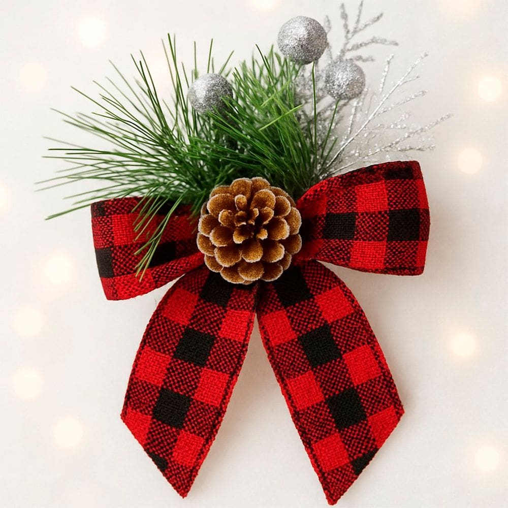 Arranjo Pinheiro Laço Enfeite Natalino Xadrez 15cm Kit 8pçs